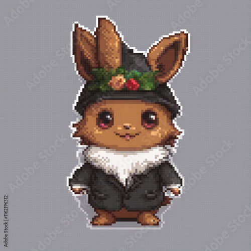 Cute pixel art rabbit in a stylish hat and coat.