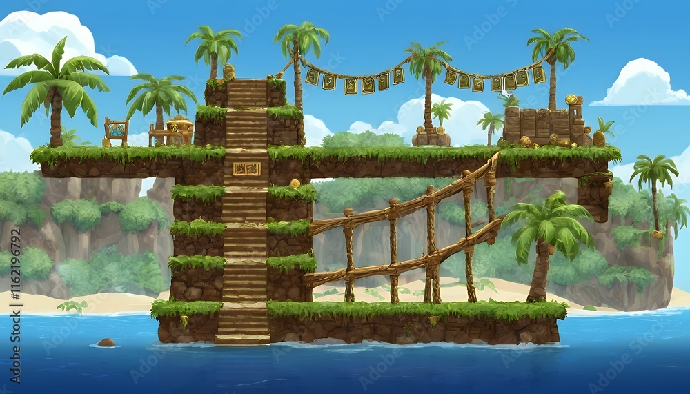 Arcade tropical island game level map interface. Sky clouds, palms and lianas, golden coins, platforms and bonuses, stairs or bridges over the sea. Cartoon vector fantasy world location Ui landscape Arcade tropical island game level map interface. Sky clouds, palms and lianas, golden coins, platforms and bonuses, stairs or bridges over the sea. Cartoon vector fantasy world location Ui landscape