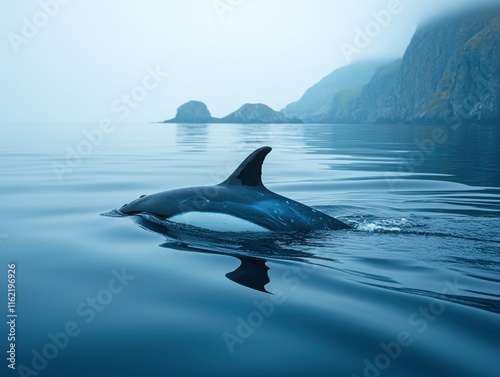 A lone orca swims in calm ocean waters near a misty coastline. photo