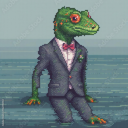 Dinosaur in formal attire poses by water in pixel art style.