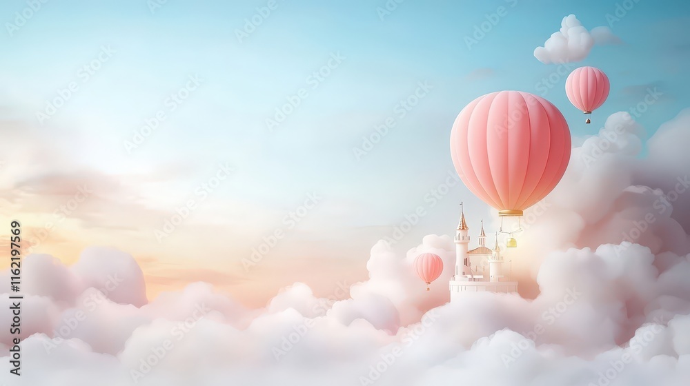 Obraz premium Dreamy Hot Air Balloons Over Fantasy Castle