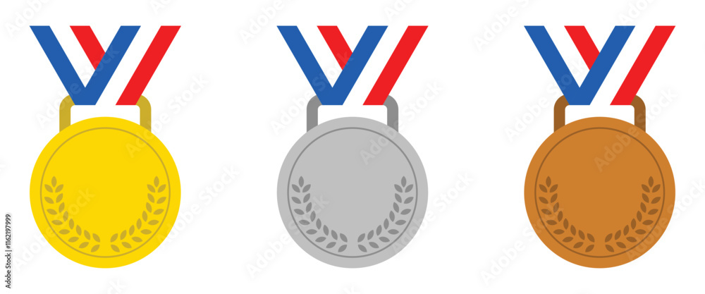 Gold, silver, and bronze medals with ribbon vector icon set. Winning symbol for sports awards, competitions, and achievement design. Flat illustration isolated on white background. Gold, silver, and bronze medals with ribbon vector icon set. Winning symbol for sports awards, competitions, and achievement design. Flat illustration isolated on white background.