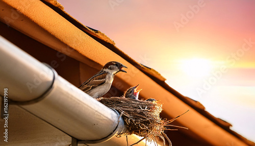 Soft golden light bathes a nest tucked beneath a rooftop eave, where a vigilant sparrow feeds its eager chicks. Spring awakens a sense of joy and renewal in this intimate moment