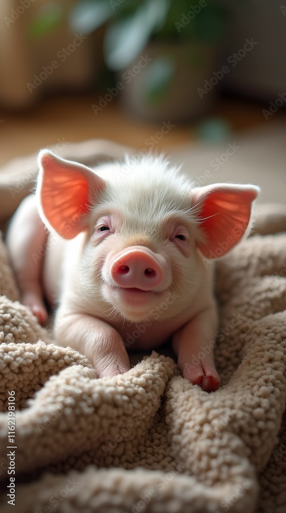 Content Piglet Relaxing on Cozy Blanket Content Piglet Relaxing on Cozy Blanket
