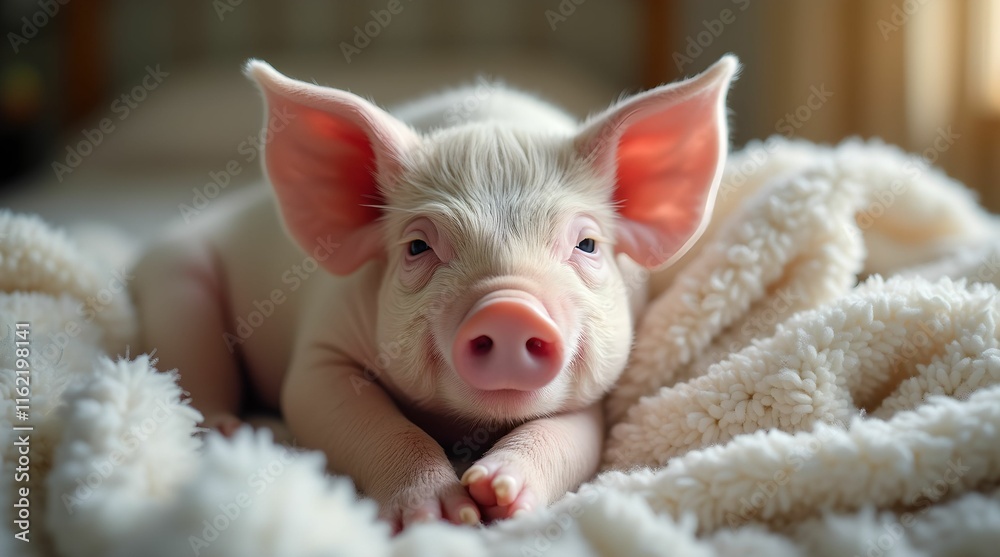 Content Piglet Relaxing on Cozy Blanket Content Piglet Relaxing on Cozy Blanket