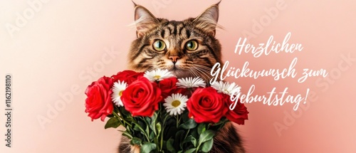 Herzlichen Glückwunsch zum Geburtstag: Katze mit Rosenstrauß photo