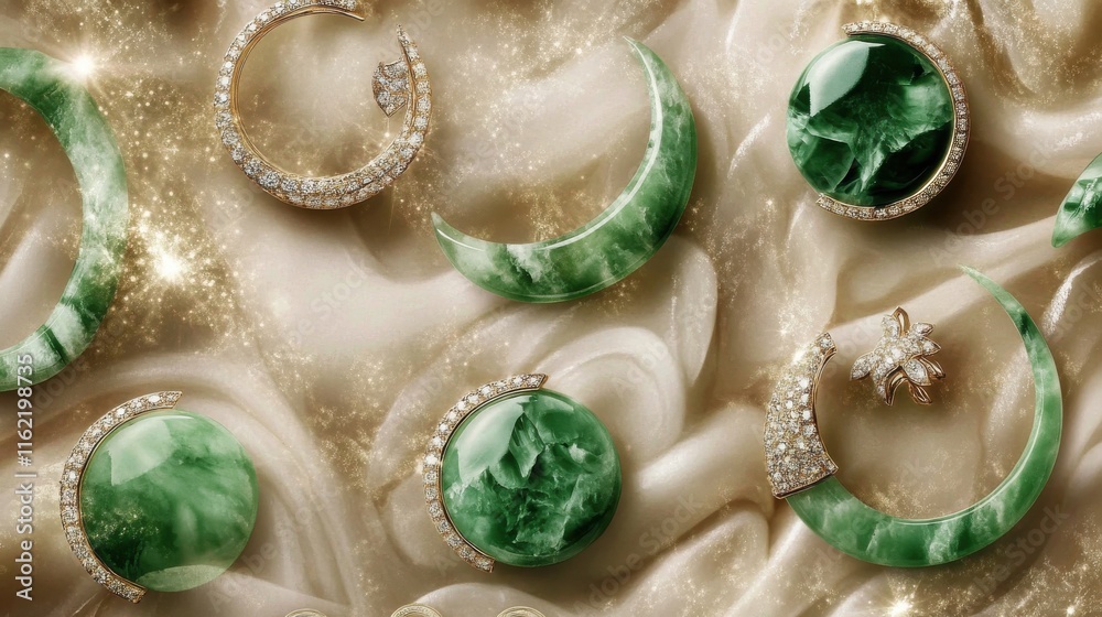 Exquisite jade jewelry in various crescent and circle shapes, adorned with sparkling crystals, presented elegantly on a silky background. Exquisite jade jewelry in various crescent and circle shapes, adorned with sparkling crystals, presented elegantly on a silky background.