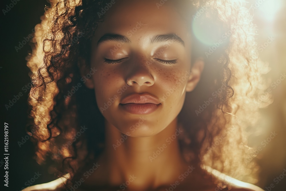 Peaceful portrait of a beautiful young Caucasian woman with closed eyes while meditating in a dream location, nature retreat. Peaceful portrait of a beautiful young Caucasian woman with closed eyes while meditating in a dream location, nature retreat.
