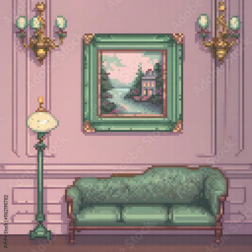 Pixel art of a cozy living room with a plush couch and a vibrant painting.