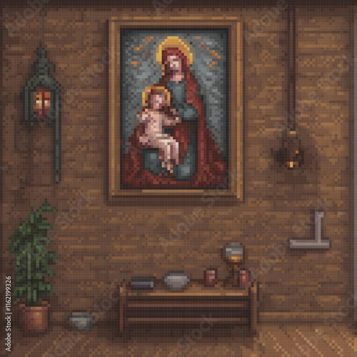 Pixel art depicting Virgin Mary and Baby Jesus in a cozy room