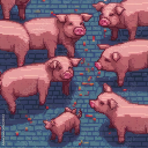 Pixel art pigs in front of a brick wall