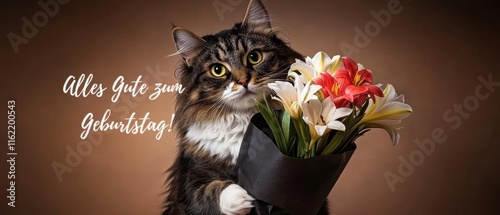 Geburtstagskarte: Katze mit Blumenstrauß gratuliert zum Geburtstag photo