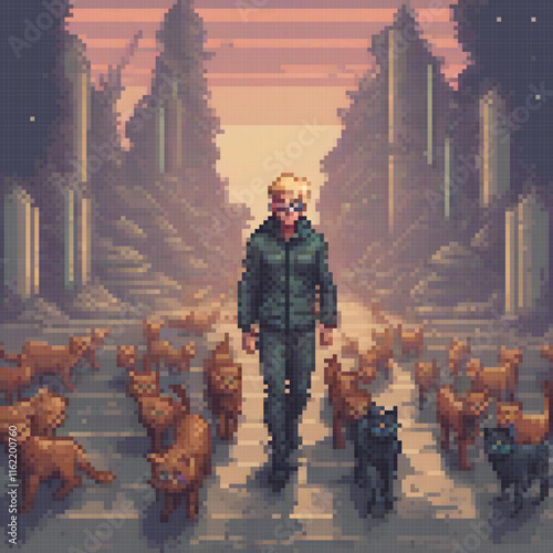 Pixel art depicting a man strolling with dogs on a bustling street.