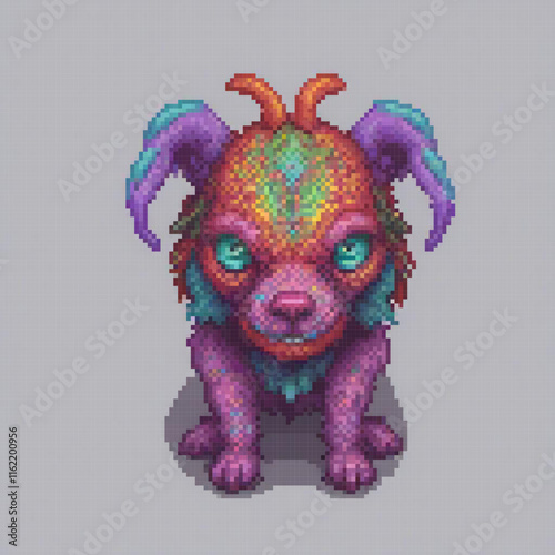 Vintage purple dog with striking green eyes in pixel art style.