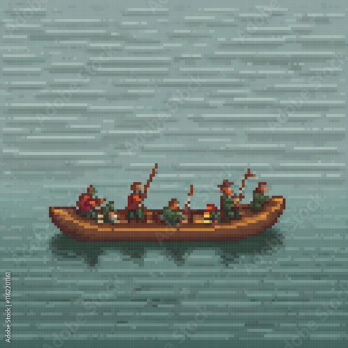 Pixel art depicting a joyful group aboard a boat on serene waters.