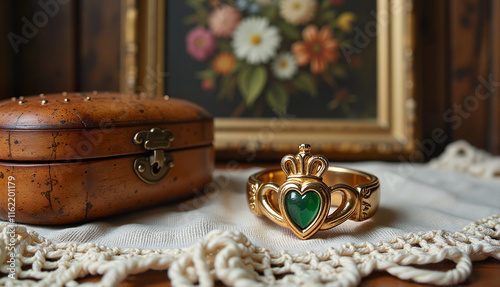 Elegant Claddagh ring on lace cloth beside antique jewelry box, love