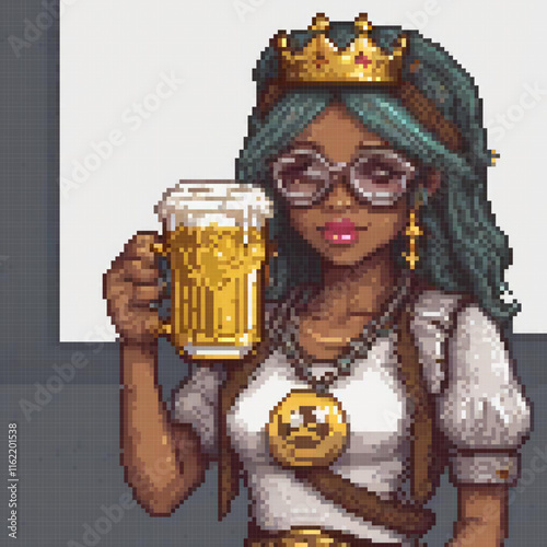 Bavarian lady sips beer in pixel art, traditional attire.
