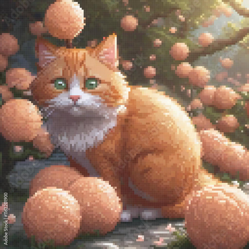 Pixel art of a serene orange cat perched beside a bountiful orange tree.