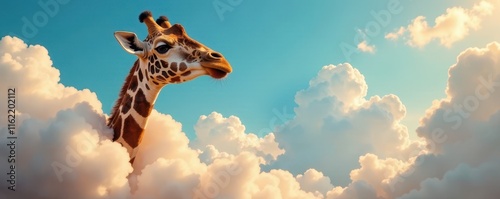 Humorous giraffe head poking through fluffy clouds, charming, droll