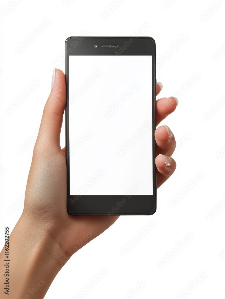 Close up of female hand holding smartphone device and showing empty blank screen isolated on white. Woman hand using app on smart phone on white background. Holding mobile phone with empty screen. Close up of female hand holding smartphone device and showing empty blank screen isolated on white. Woman hand using app on smart phone on white background. Holding mobile phone with empty screen.