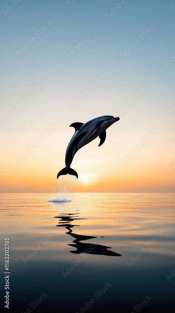 Fototapeta premium Dolphin Jumping Over Tranquil Ocean at Sunset
