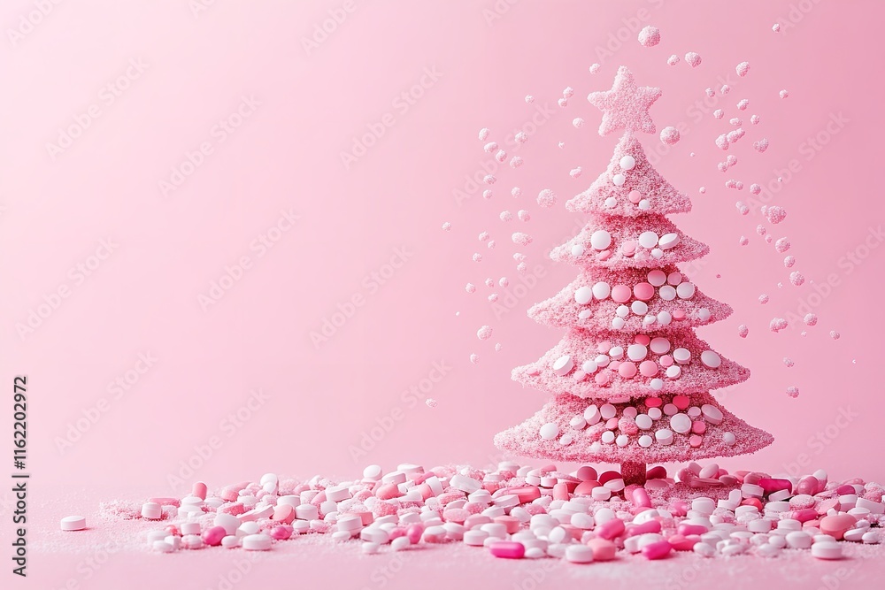 Medical pill-made Christmas tree with a pink backdrop. Generative Ai Medical pill-made Christmas tree with a pink backdrop. Generative Ai