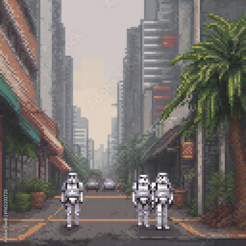 Pixel art stormtroopers marching in a cityscape