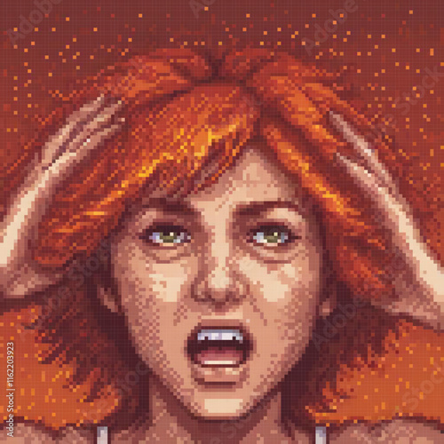 Surprised redhead woman in pixel art