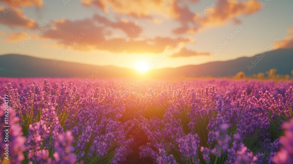 Obraz premium Soft focused lavender flowers at sunset, blooming violet fragrant flowers in a summer landscape, perfect for gardening, floral, or nature themed designs
