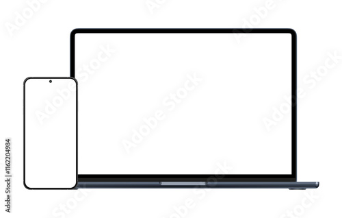 Modern laptop mockup front view and high quality smartphone and tablet mockup isolated on PNG transparent background