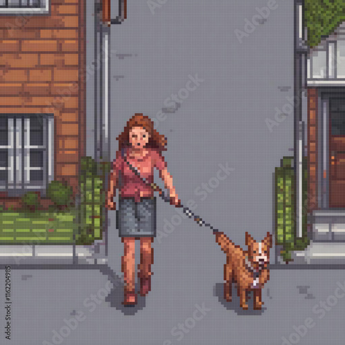 Pixel art of a woman and her dog strolling by a quaint house.