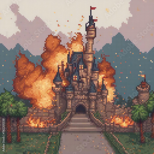 Pixel art depicting a fiery castle with a flag atop, showcasing a dramatic scene.