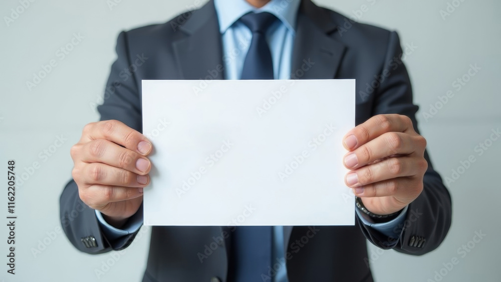a man in an elegant suit holds a white A4 sheet of paper for text in front of him a man in an elegant suit holds a white A4 sheet of paper for text in front of him