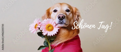 Golde Retriever mit Blumenstrauß  Schönen Tag photo