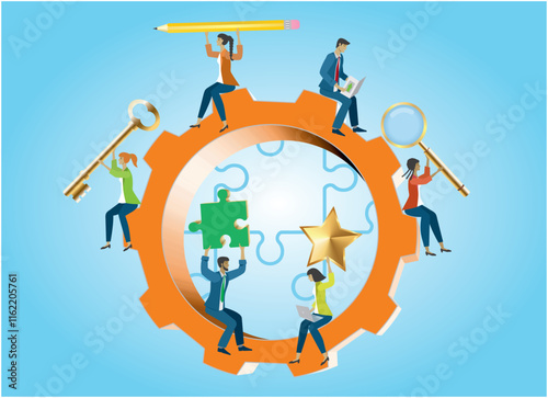 Group of people with different skills working in gearwheel. Vector illustration.