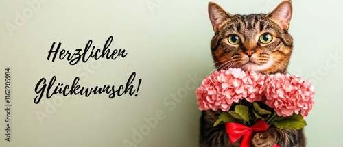 Herzlicher Glückwunsch Süße Katze mit Blumenstrauß gratuliert photo