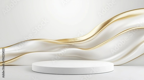 Realistic white podium with golden wave lines and satin fabric backdrop, luxury 3D design