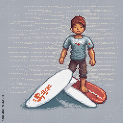 Boy surfing on a surfboard in pixel art style