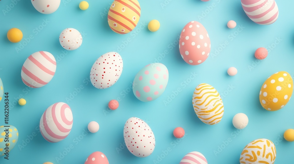 Pastel easter eggs on a blue background in top view, showcasing a flat lay composition of colorful painted eggs for spring holiday celebrations and festive creative designs