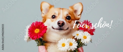 Niedlicher CorgiHund mit Blumenstrauß  Feiertagsfoto für Glückwünsche photo