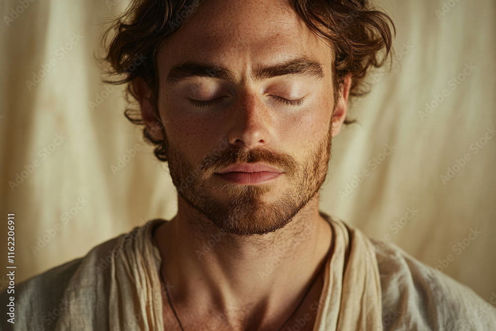A serene young man with eyes closed, displaying peace and tranquility. A serene young man with eyes closed, displaying peace and tranquility.