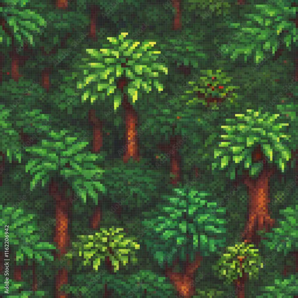 Pixel art forest scene with lush trees and bushes Pixel art forest scene with lush trees and bushes
