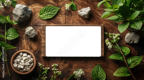 Natural Flat Lay With Blank Frame on a Wooden Surface