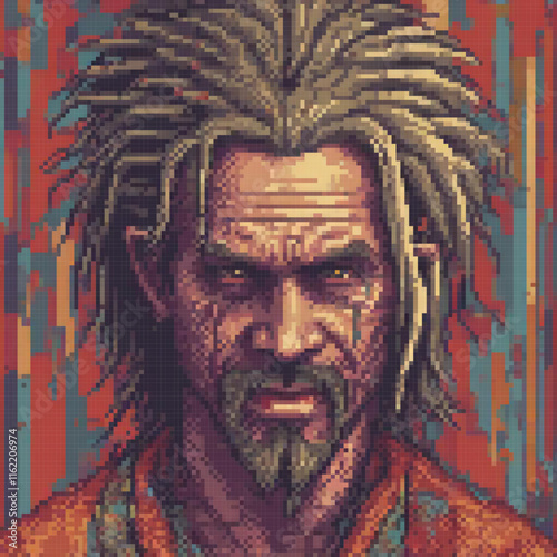 Pixel art cross stitch pattern featuring a man with dreadlocks.