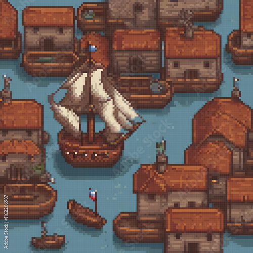 Pixel art of a pirate ship docked in a bustling harbor.