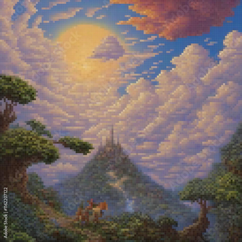 Pixel art depicting a majestic castle amidst a lush forest.