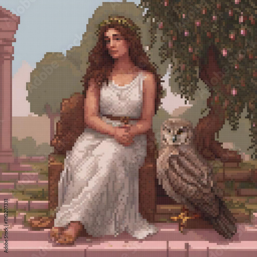 Pixel art of a woman enjoying a serene moment with an owl on a bench.