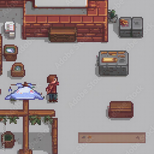 Pixel art snapshot of a man in front of a building
