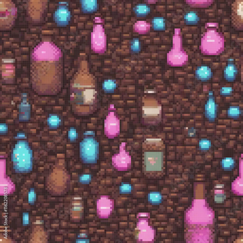 Pixel art depicting a cozy room with an array of colorful bottles.