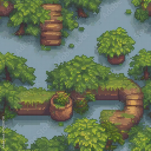 Pixel art landscape featuring lush trees and bushes.